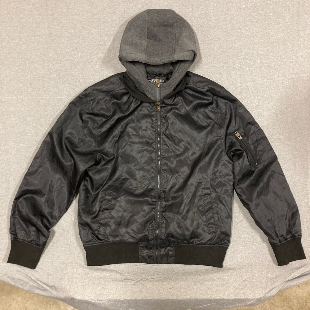 Swiss Cross Mens Black‎ Bomber Jacket Hooded Layered Look Utility Pocket Size L